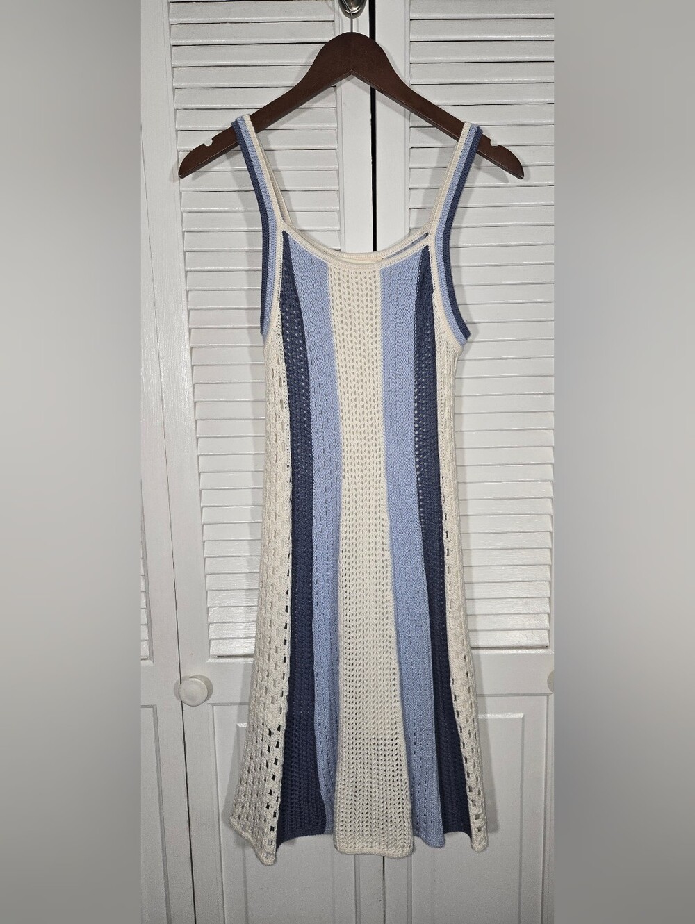 Universal Thread Pointelle Crochet Knit Fully Lined Cream Blue Dress Pullover S